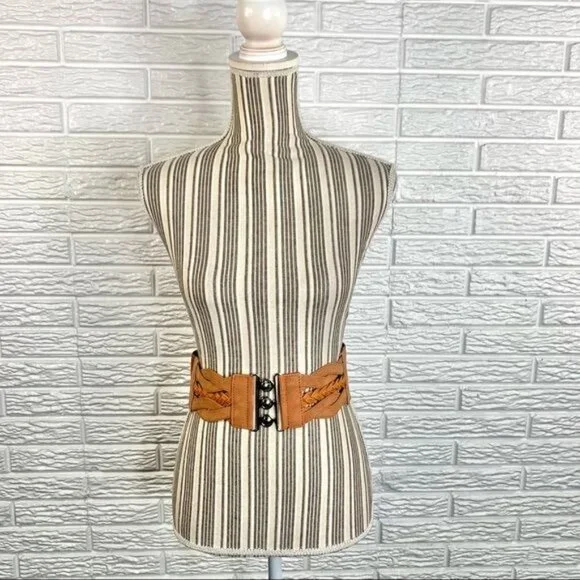 Wide Tan Elastic Belt Braided Faux Leather Front - Picture 2 of 7